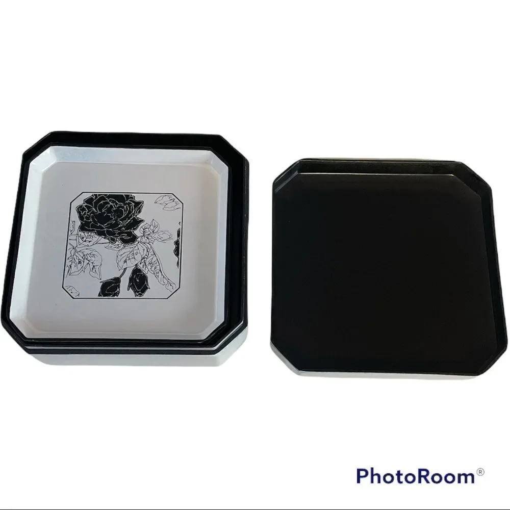 Vintage Mid Century Laquer Ware Ice Bucket and Coasters. Black and white floral.